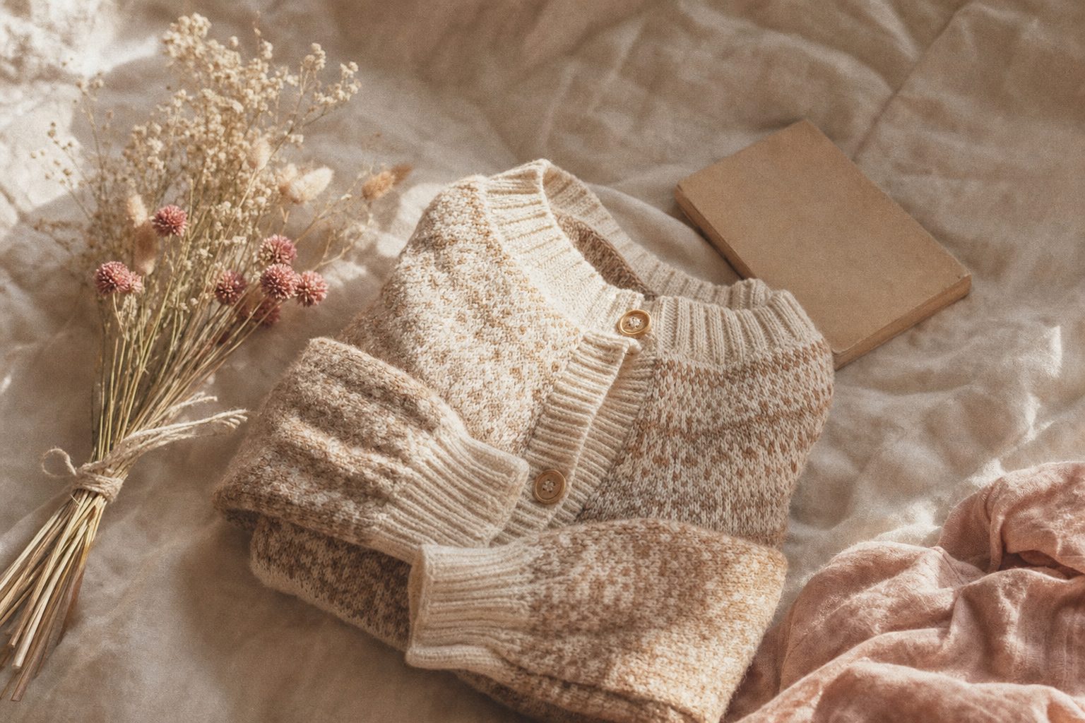 A folded cream knit cardigan with dried flowers and a book on linen