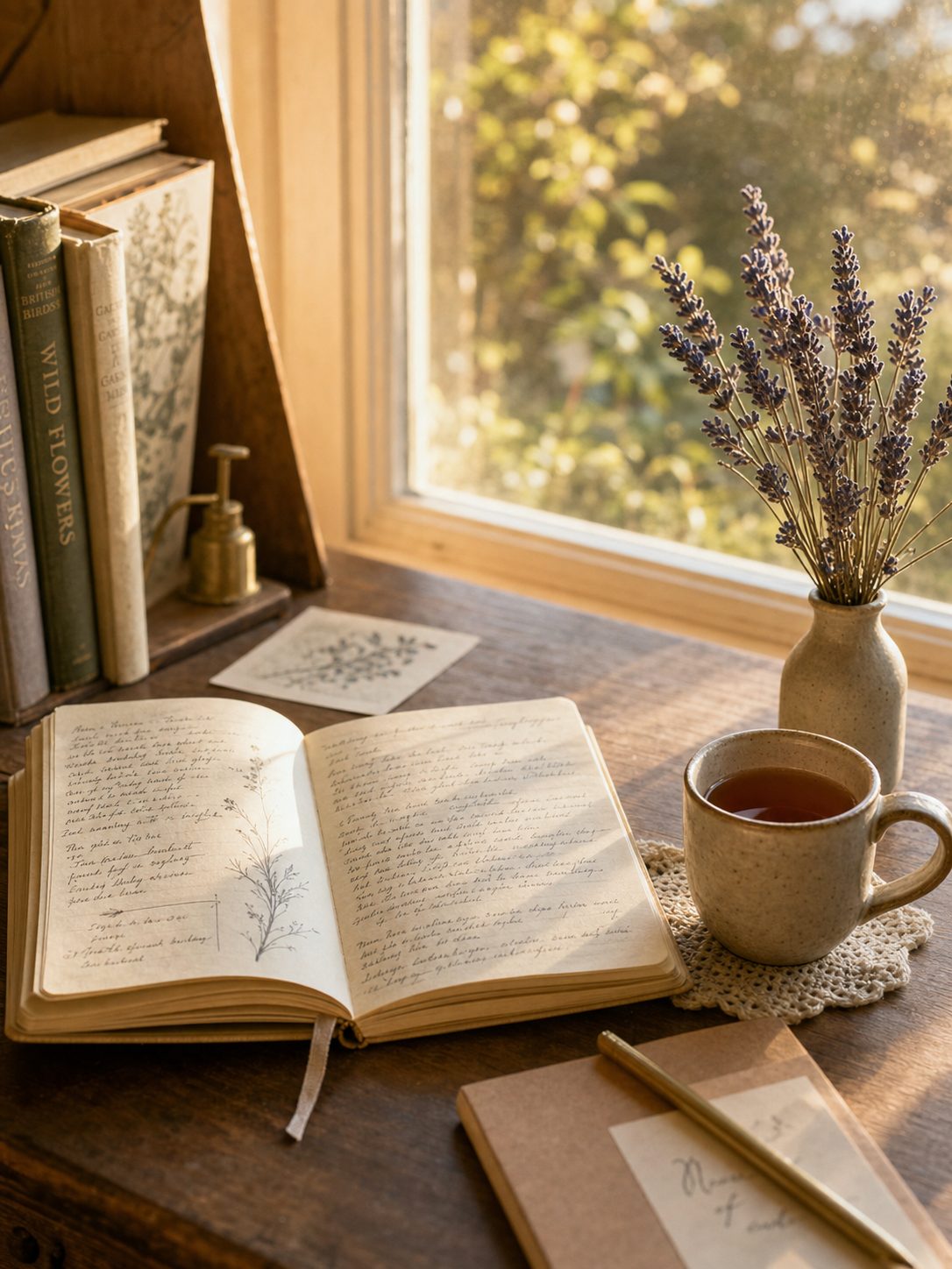 Open journal and ceramic mug on a sunlit wooden desk with dried lavender