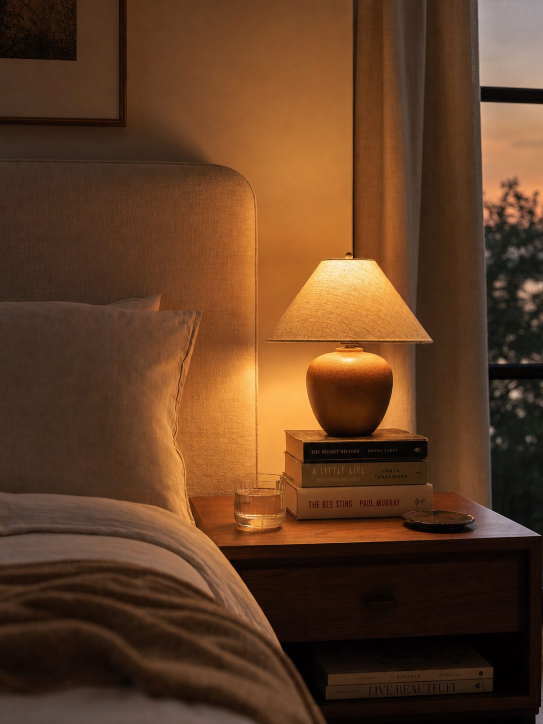 Amber bedside lamp glowing on a cream linen bed with a stack of books on the nightstand