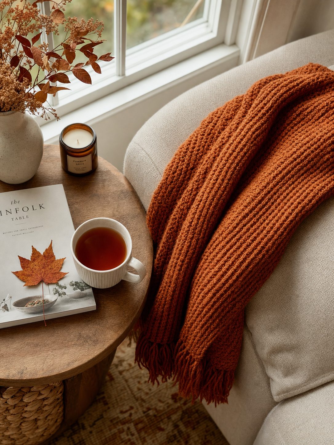 Rust knit throw, white tea mug, and a maple leaf on a cream sofa in warm autumn light
