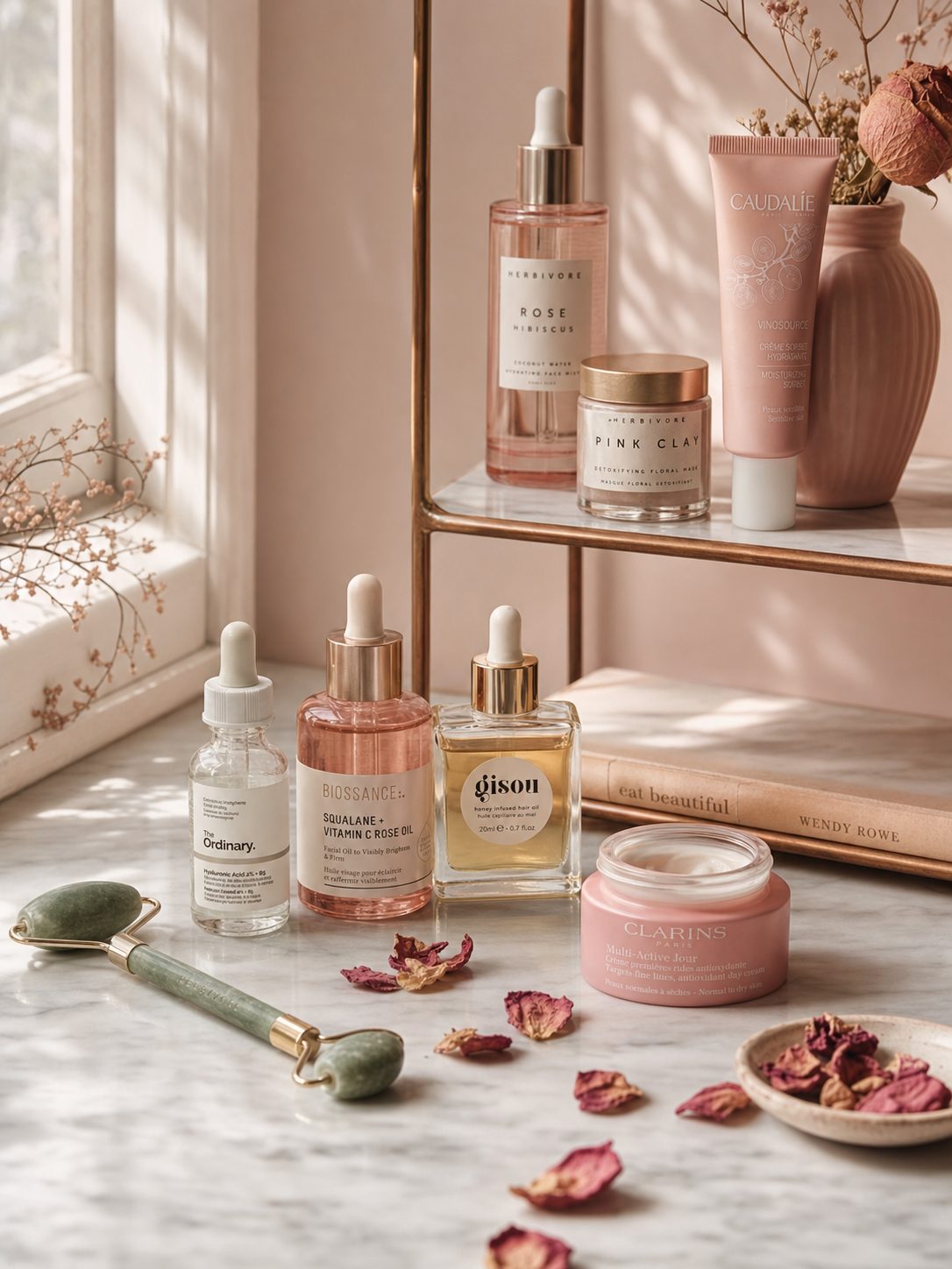 Skincare serums and jade roller on a white marble shelf with dried rose petals