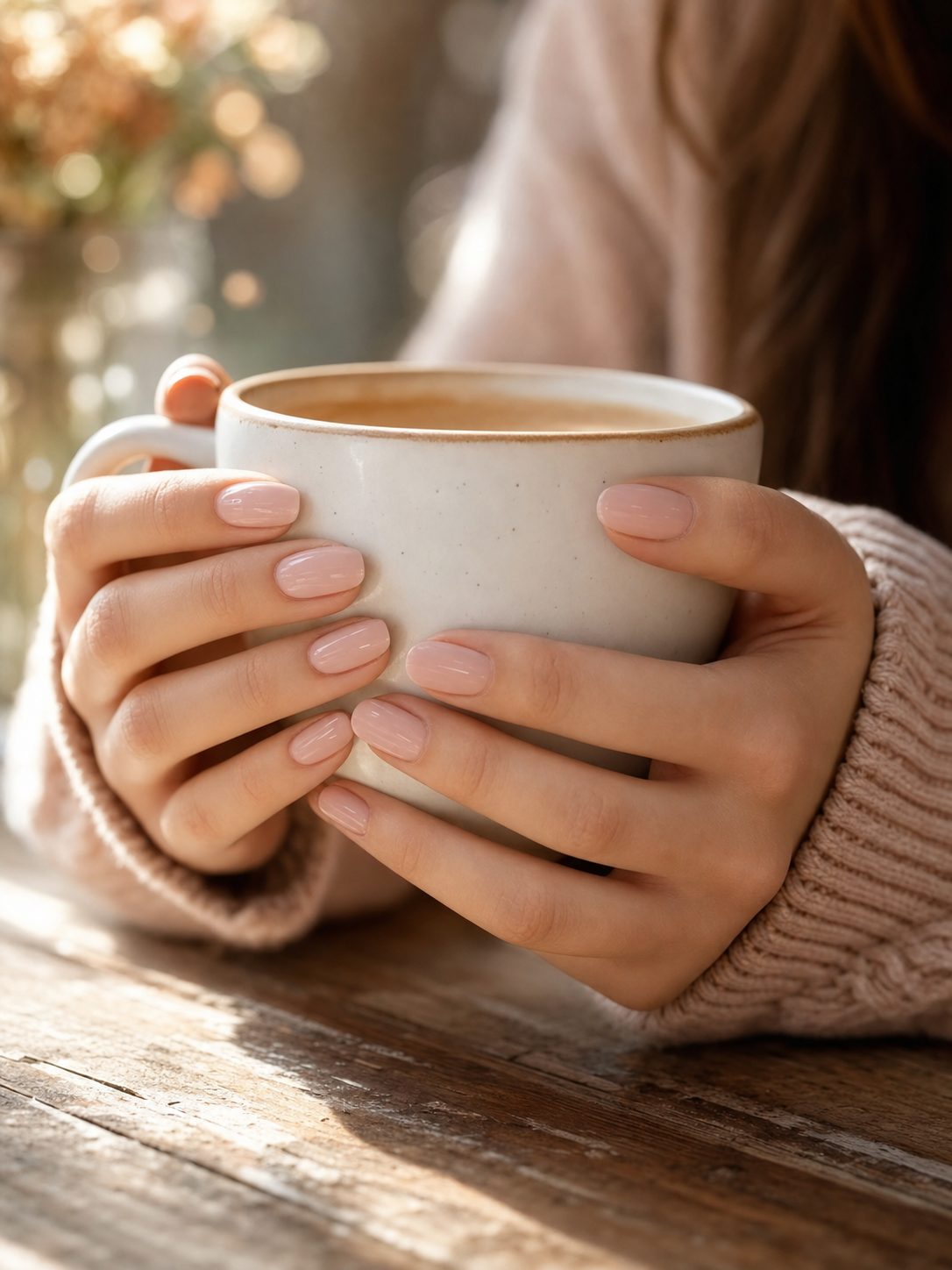 Blush-painted nails holding a white ceramic coffee cup in warm morning light