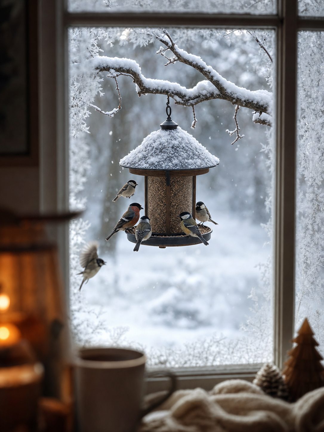 Bird feeder with small birds in winter snow, seen through a frost-edged window