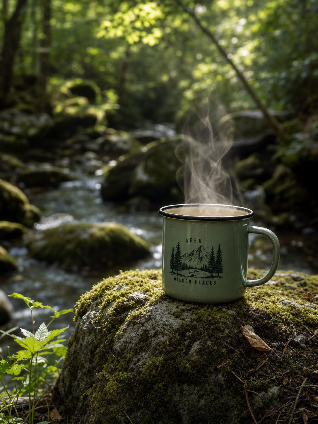 Steam rising from a camp mug resting on a mossy rock by a forest stream