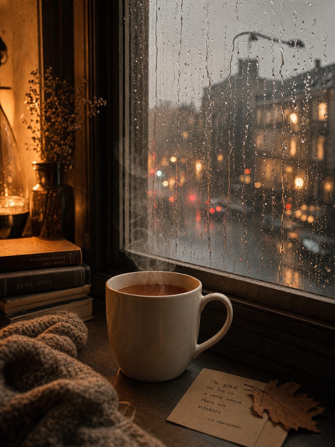 Rain-streaked window with a steaming white tea mug on the sill, amber interior light