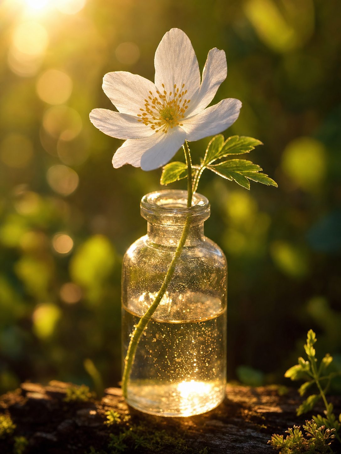 Single white wildflower in a glass bottle glowing in summer sunlight