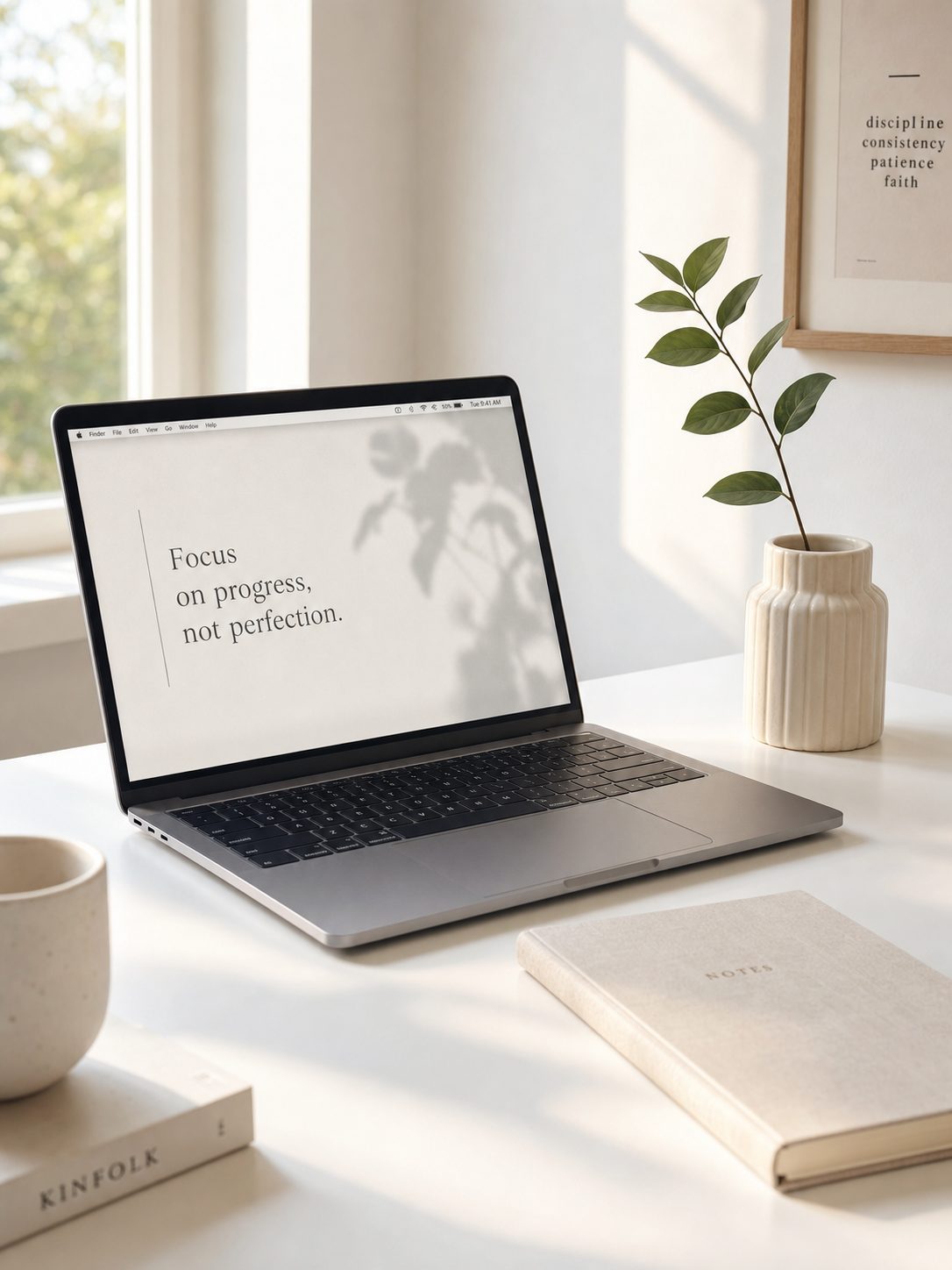 Clean white desk with open laptop, ceramic pen holder, and a small plant sprig