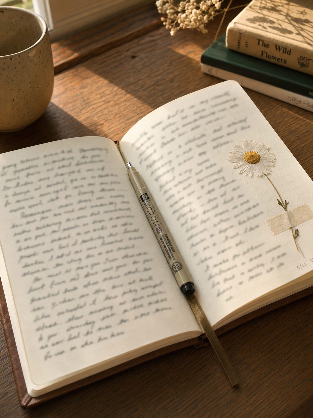 Open journal with handwritten notes and a pressed daisy, fine-line pen resting alongside