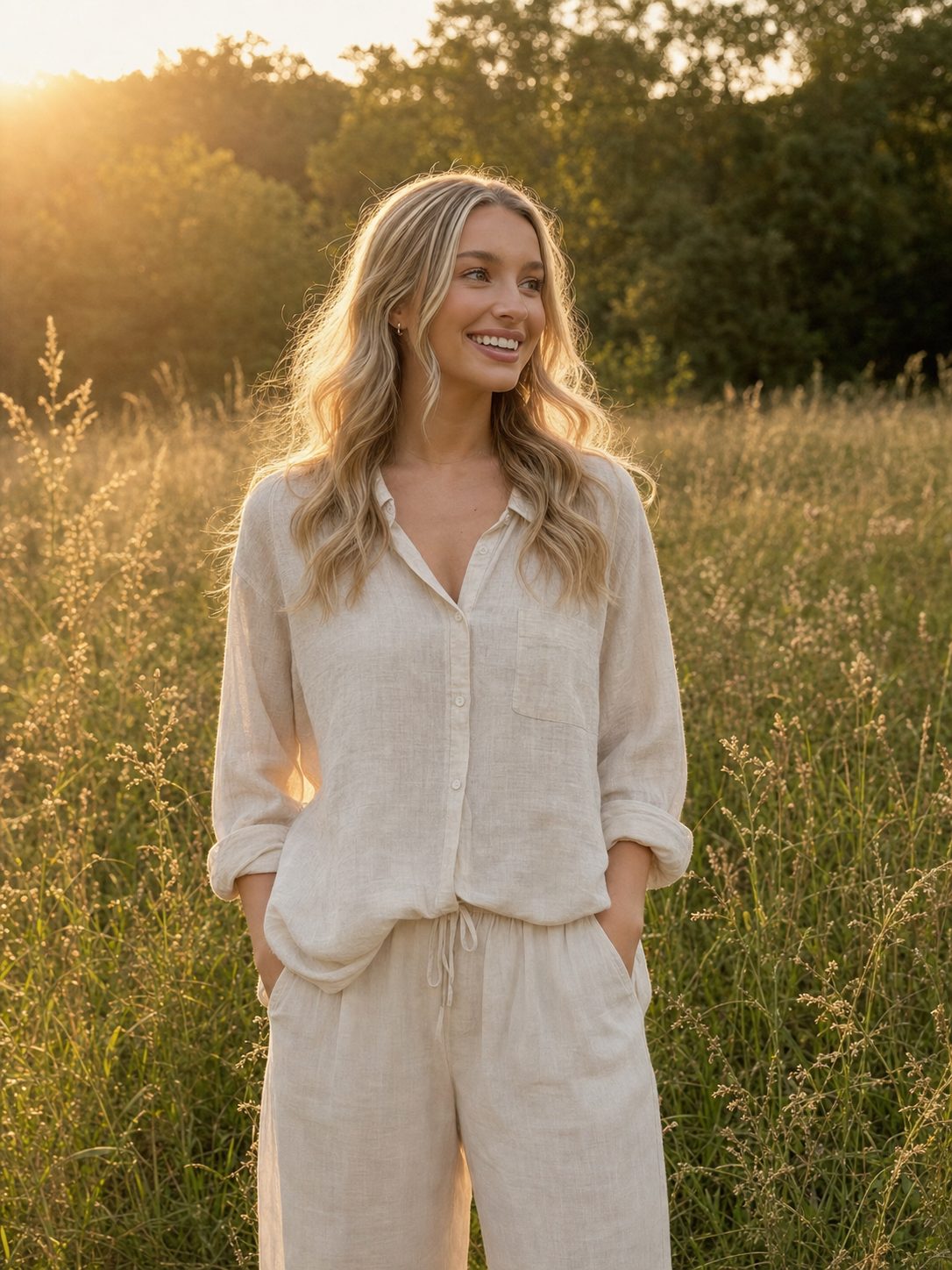 Sophia in cream linen standing in a sunlit summer meadow at golden hour