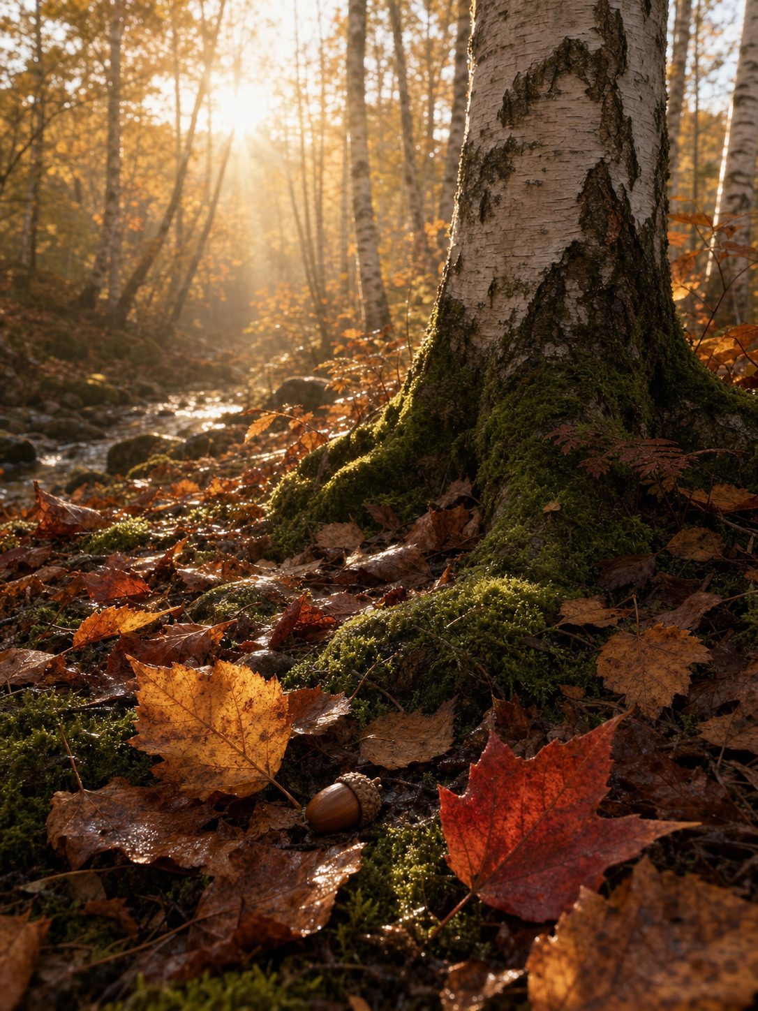 Amber and crimson autumn leaves on a mossy forest floor in soft low morning sun