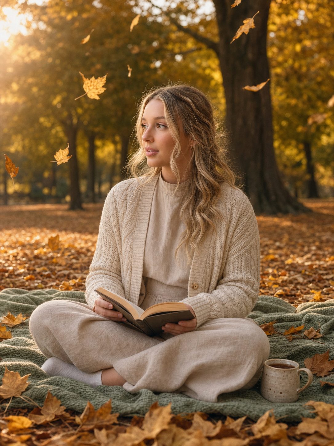 Sophia sitting on a sage green blanket in an autumn park with a book and a mug