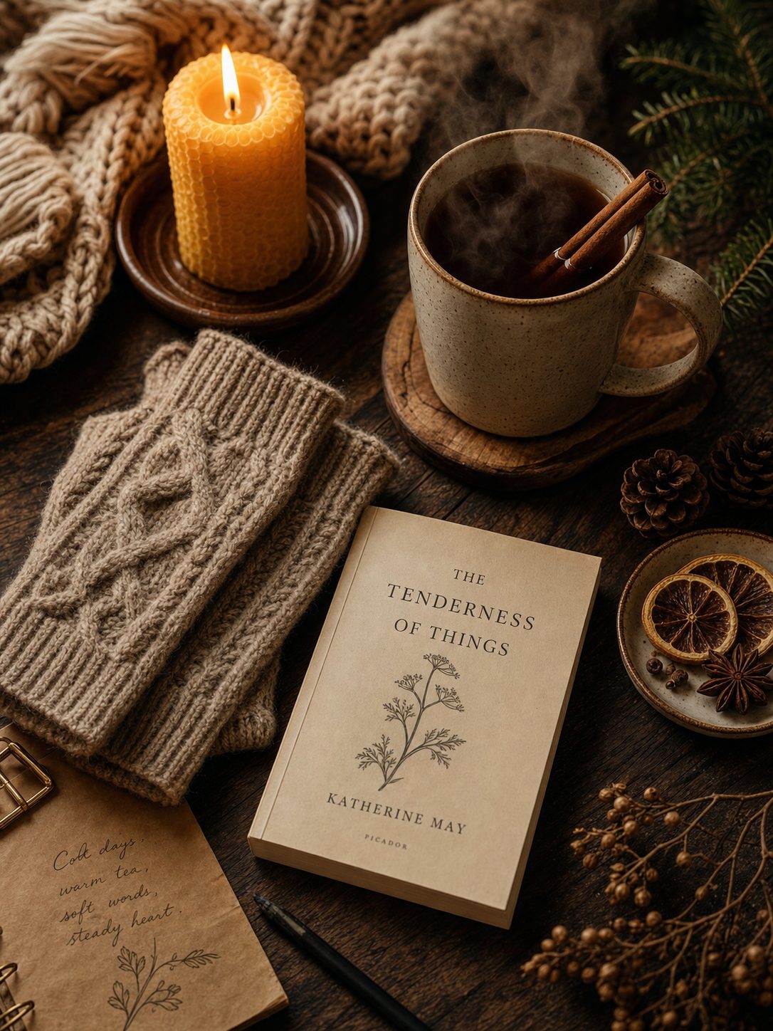 Knitted gloves, paperback, cinnamon mug, and lit beeswax candle on a dark wooden surface