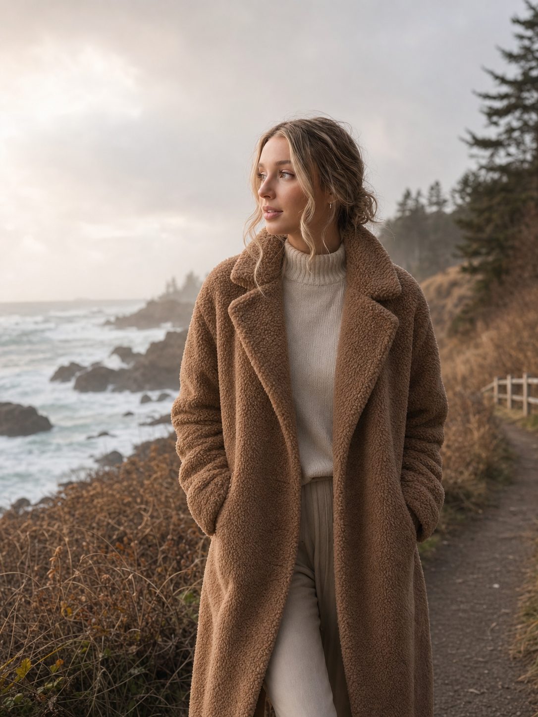 Sophia in a caramel teddy coat on a misty coastal path in autumn