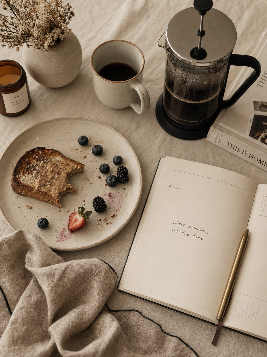 Overhead flatlay of slow morning breakfast with French press and open planner