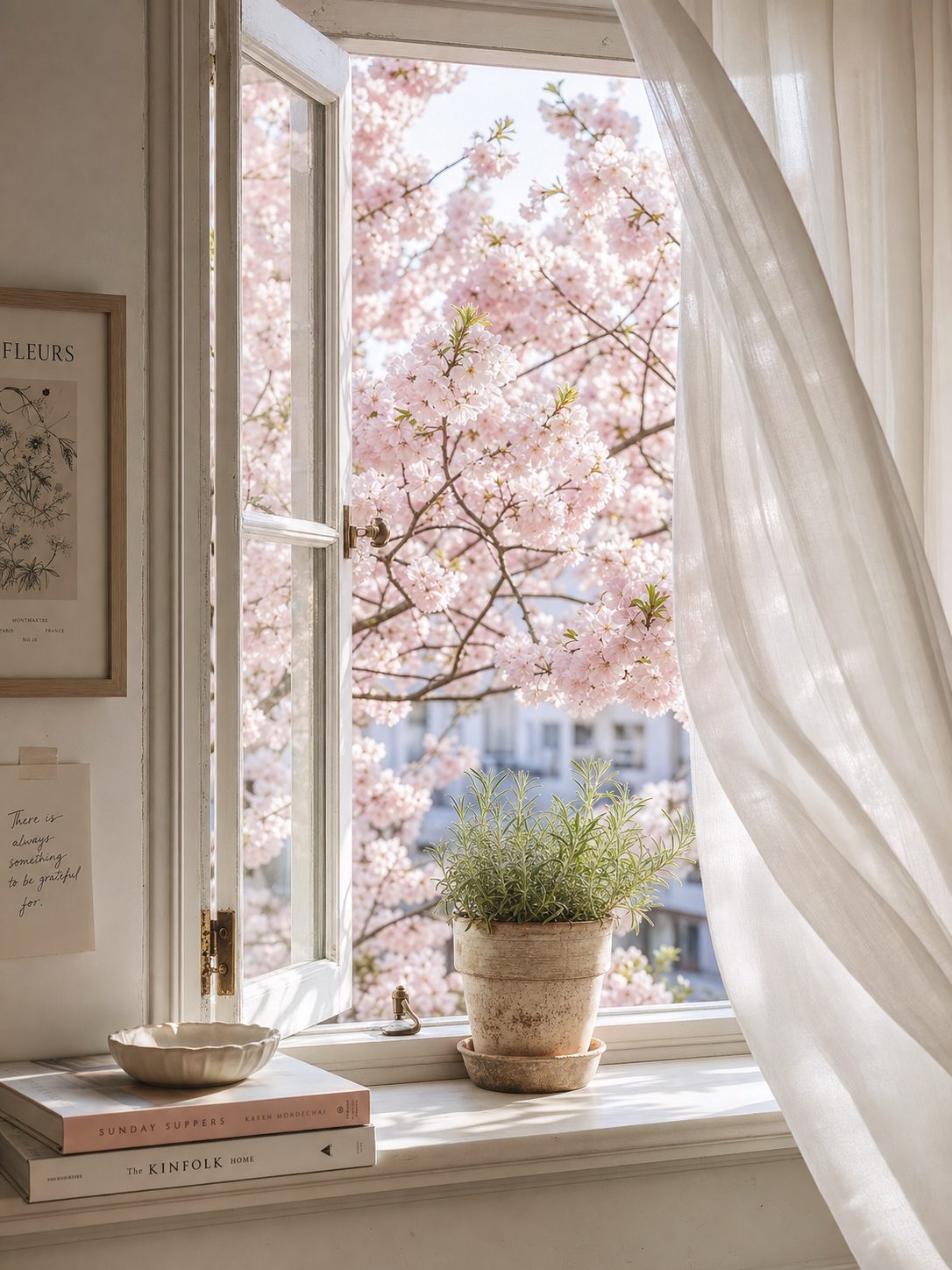 Cherry blossoms outside an open window with a potted herb on the sill and sheer curtain lifting
