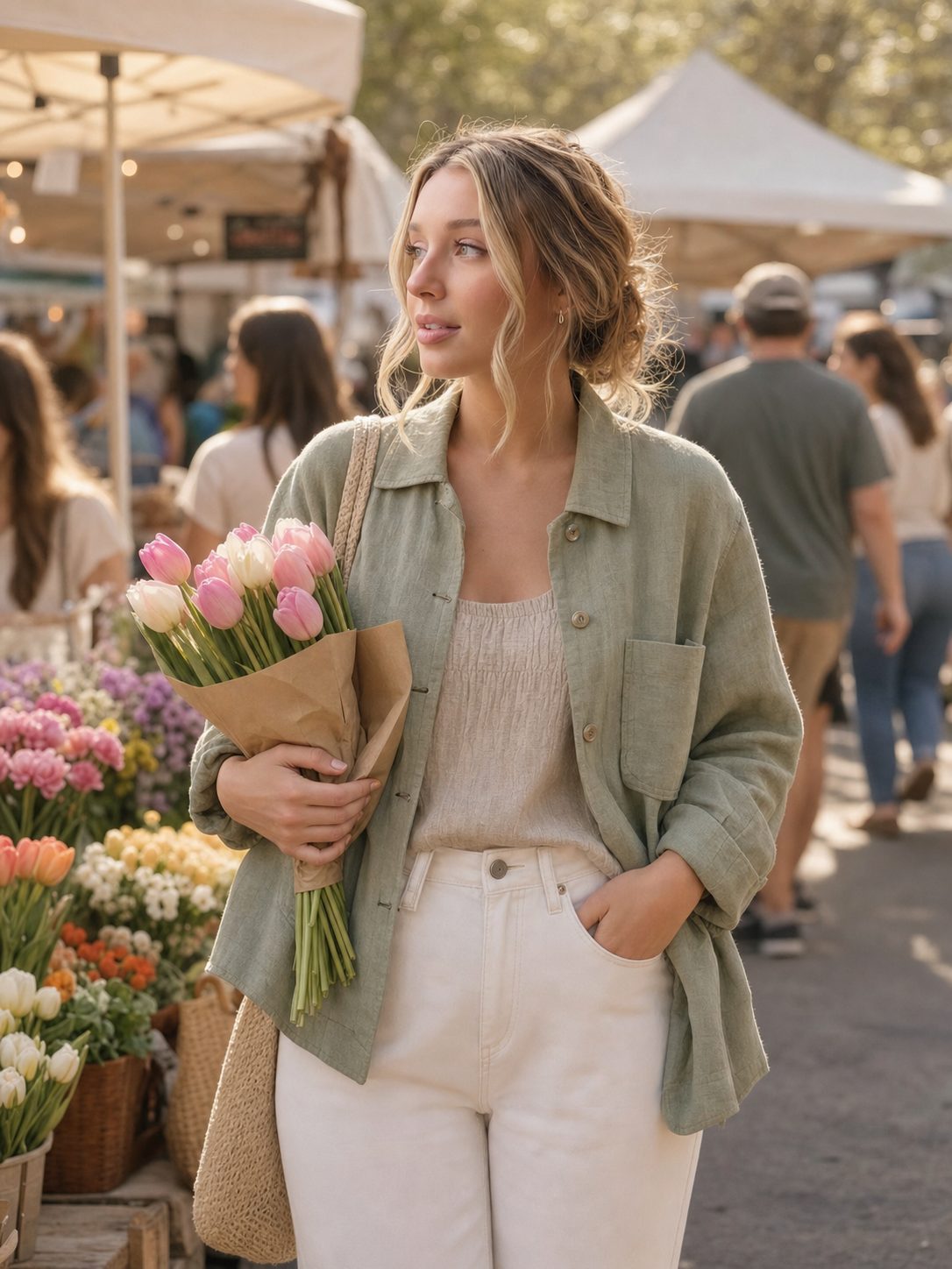 Sophia at a spring farmers market holding a bunch of tulips in warm morning light