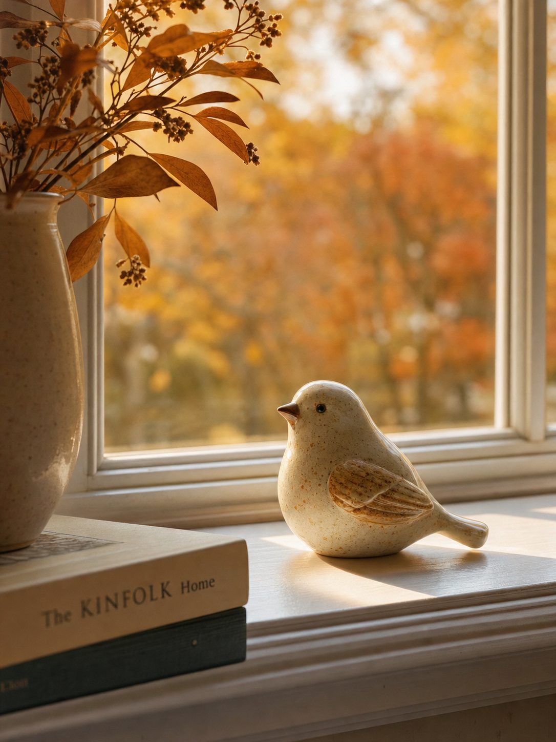 Small ceramic bird figurine on a white windowsill with autumn trees blurred outside