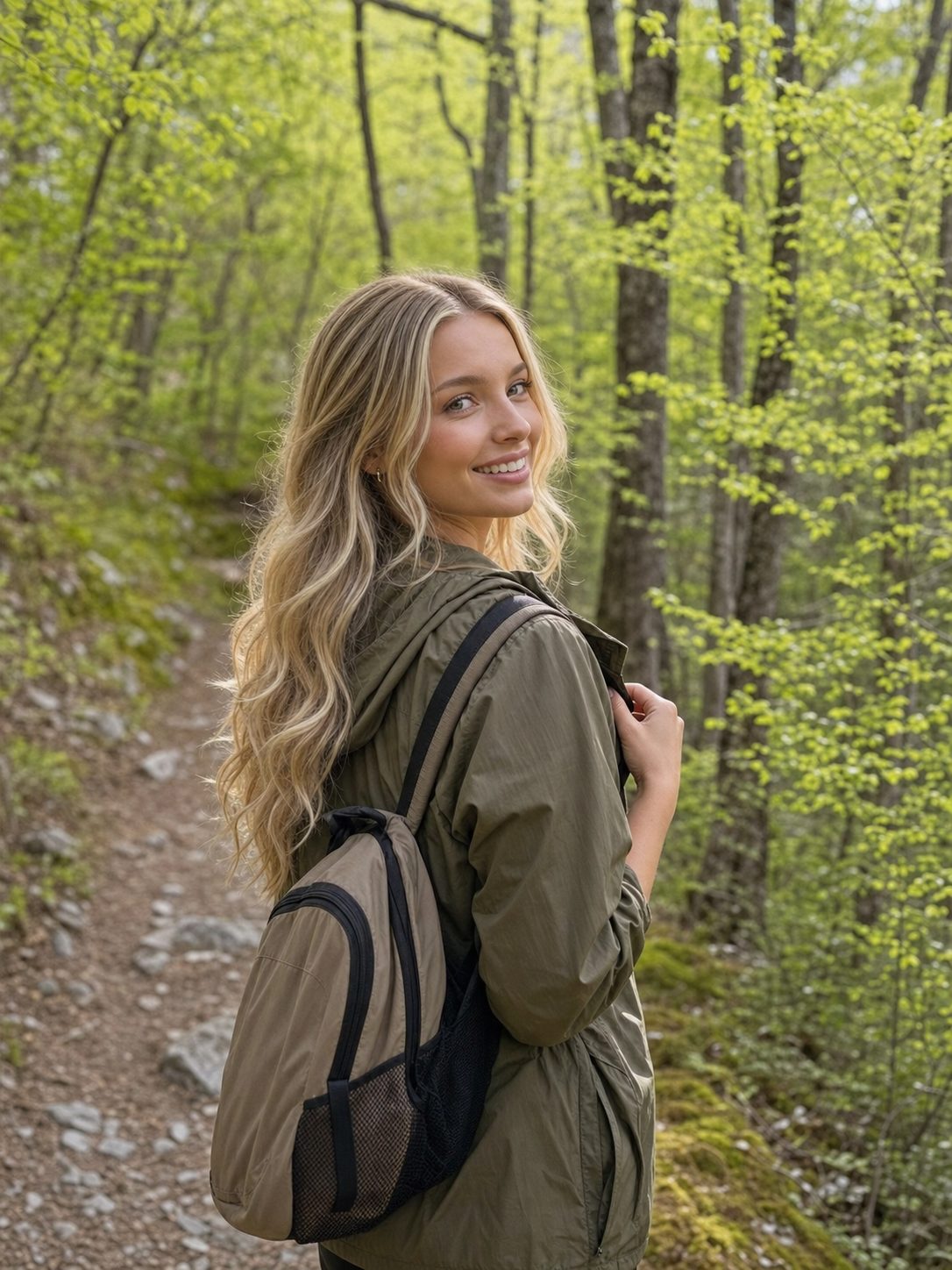Sophia hiking a spring forest trail in an olive rain jacket, looking back with a soft smile