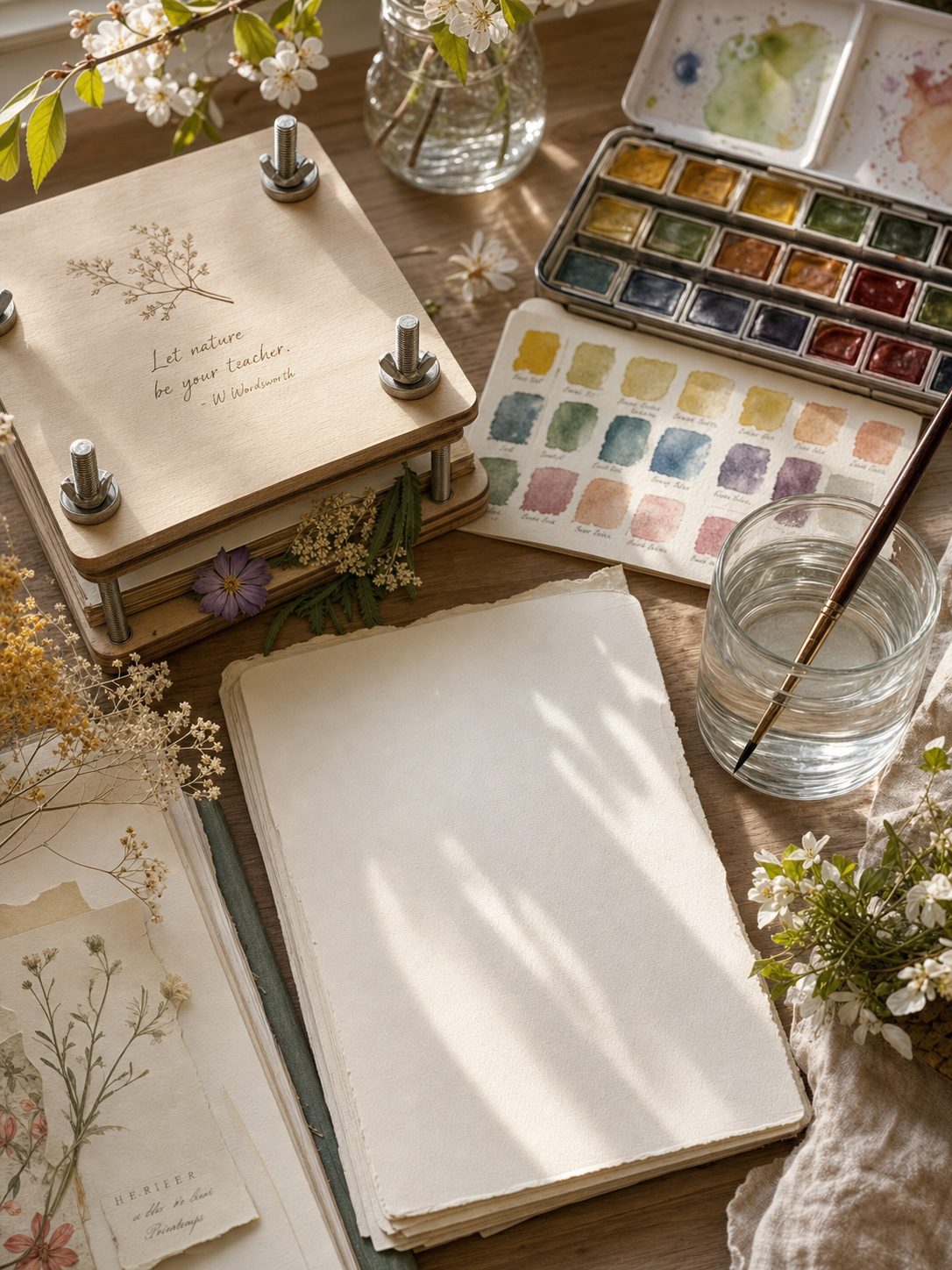 Dried-flower press, open watercolour set, and a fine brush in a spring art-journaling flatlay