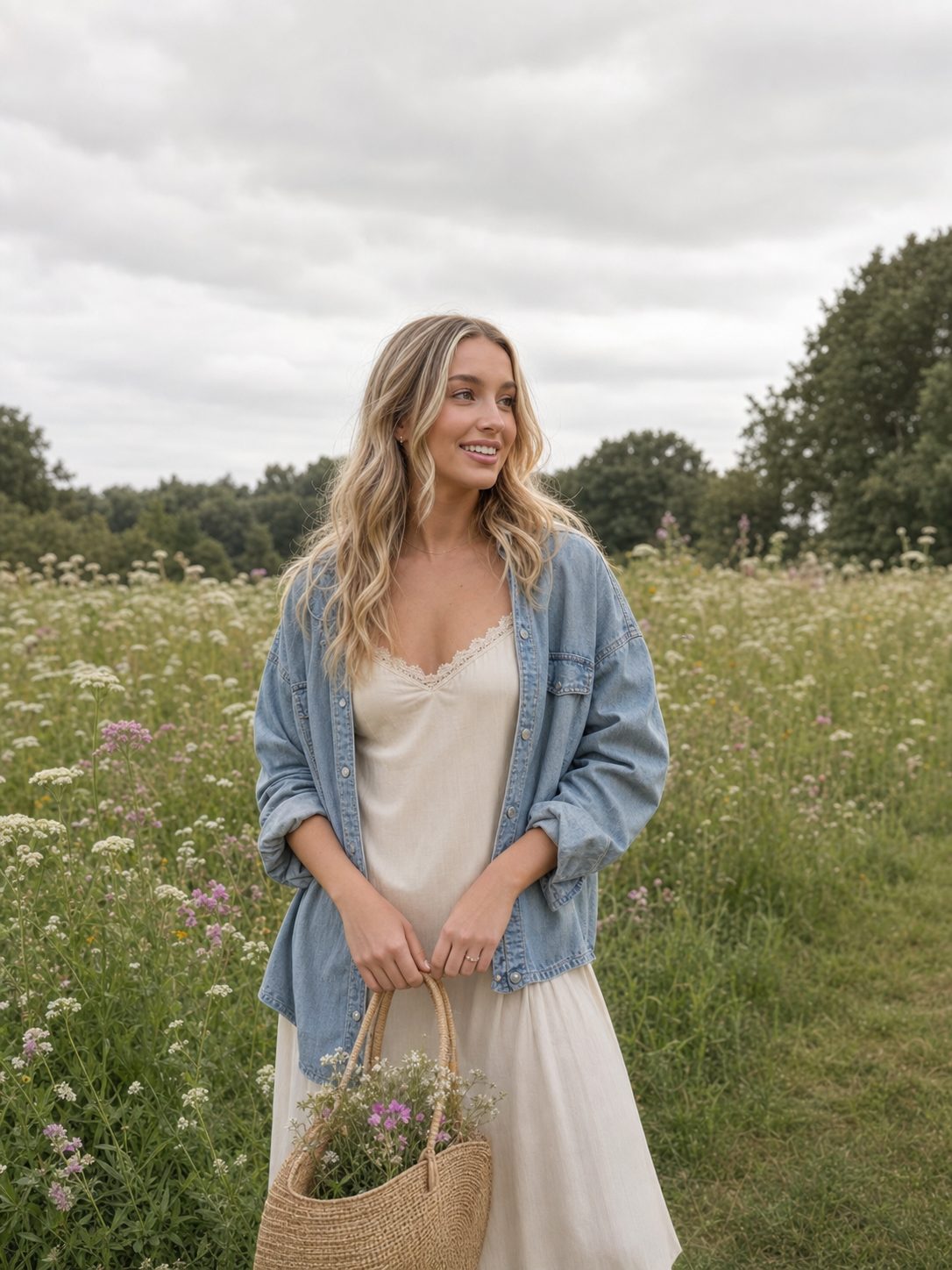 Sophia at the edge of a wildflower field in cream slip dress and denim overshirt, soft spring light