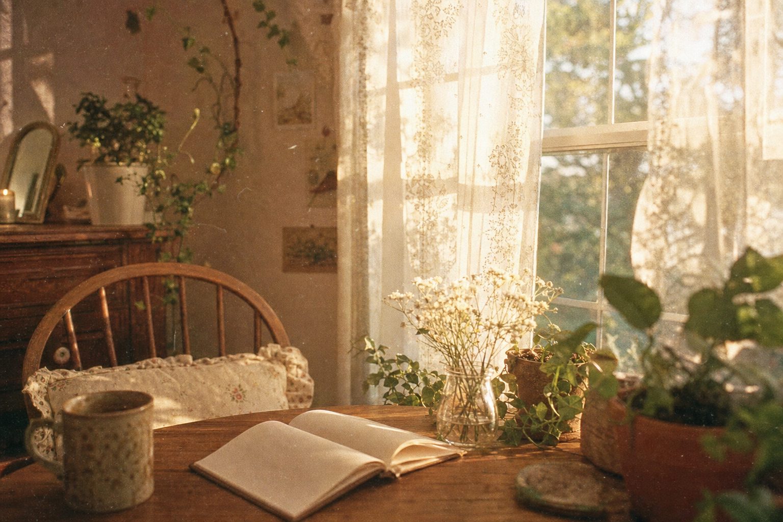 A cozy sunlit room with sheer curtains, houseplants, an open notebook and a warm mug on a wooden table