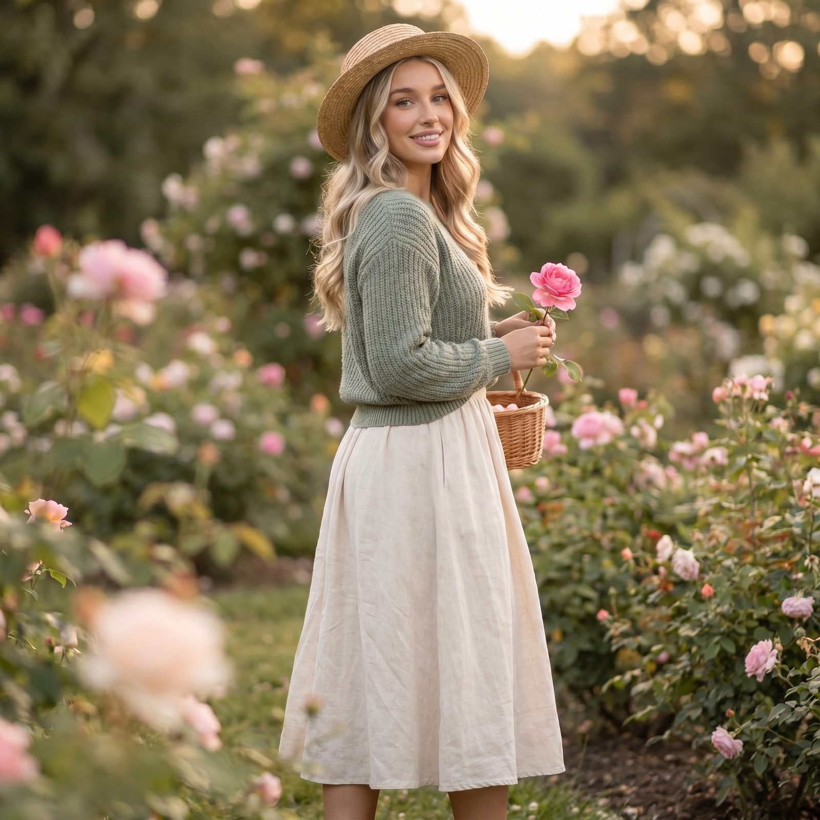 Sophia in a straw hat and sage cardigan holding a pink rose in a blooming garden