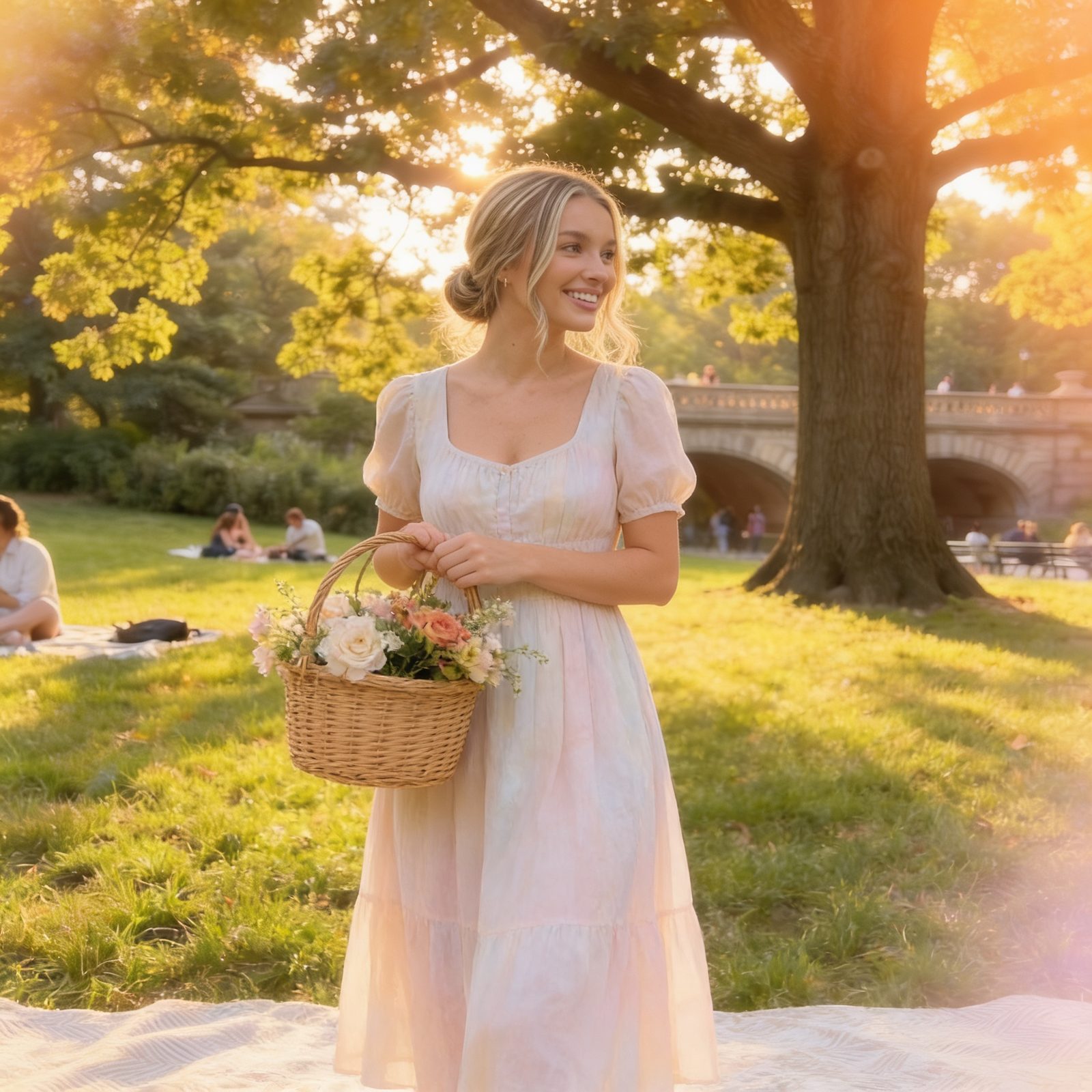 Sophia in a cream dress carrying a basket of flowers through a golden-hour park