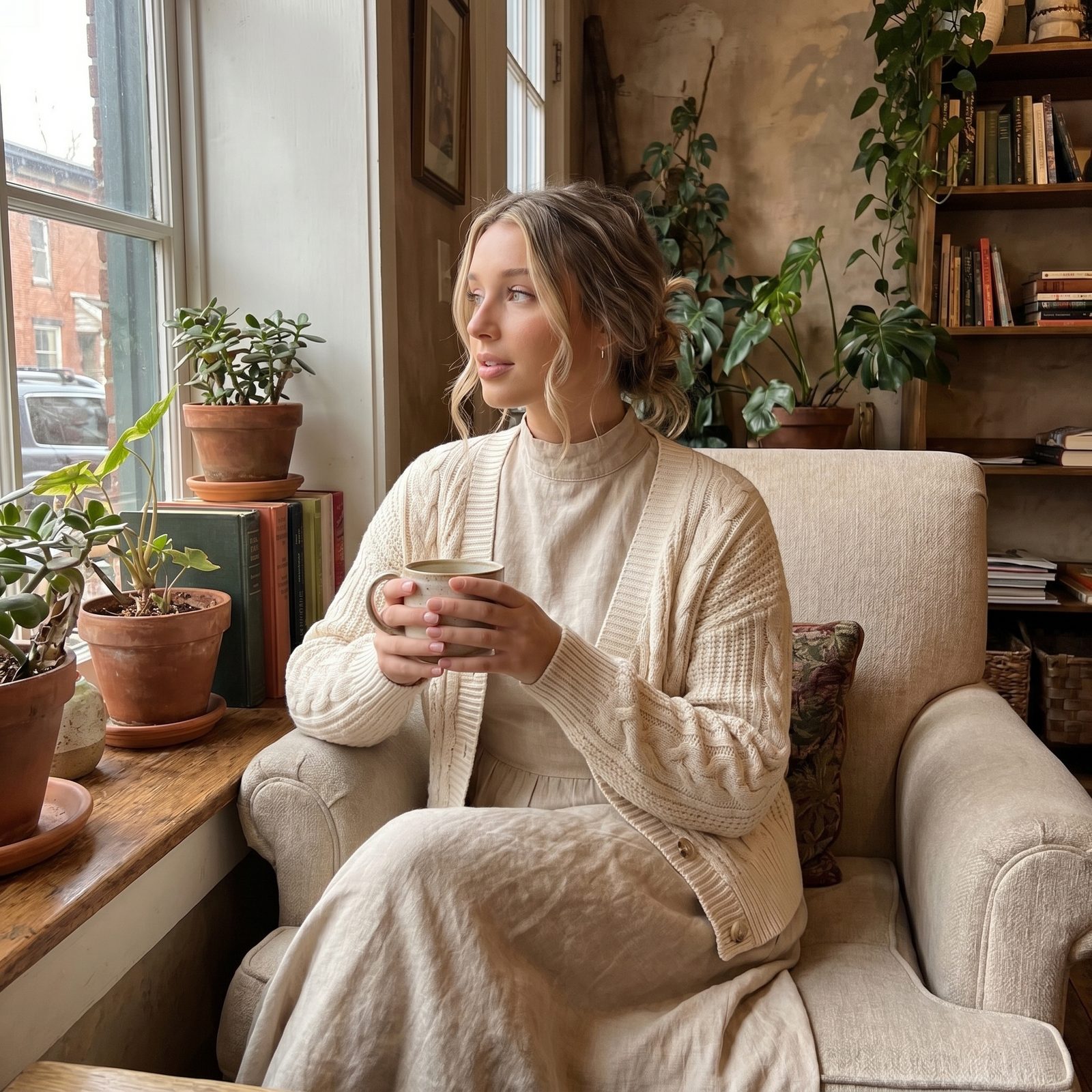 Sophia curled up in an armchair by the window with a warm mug, plants and books around her