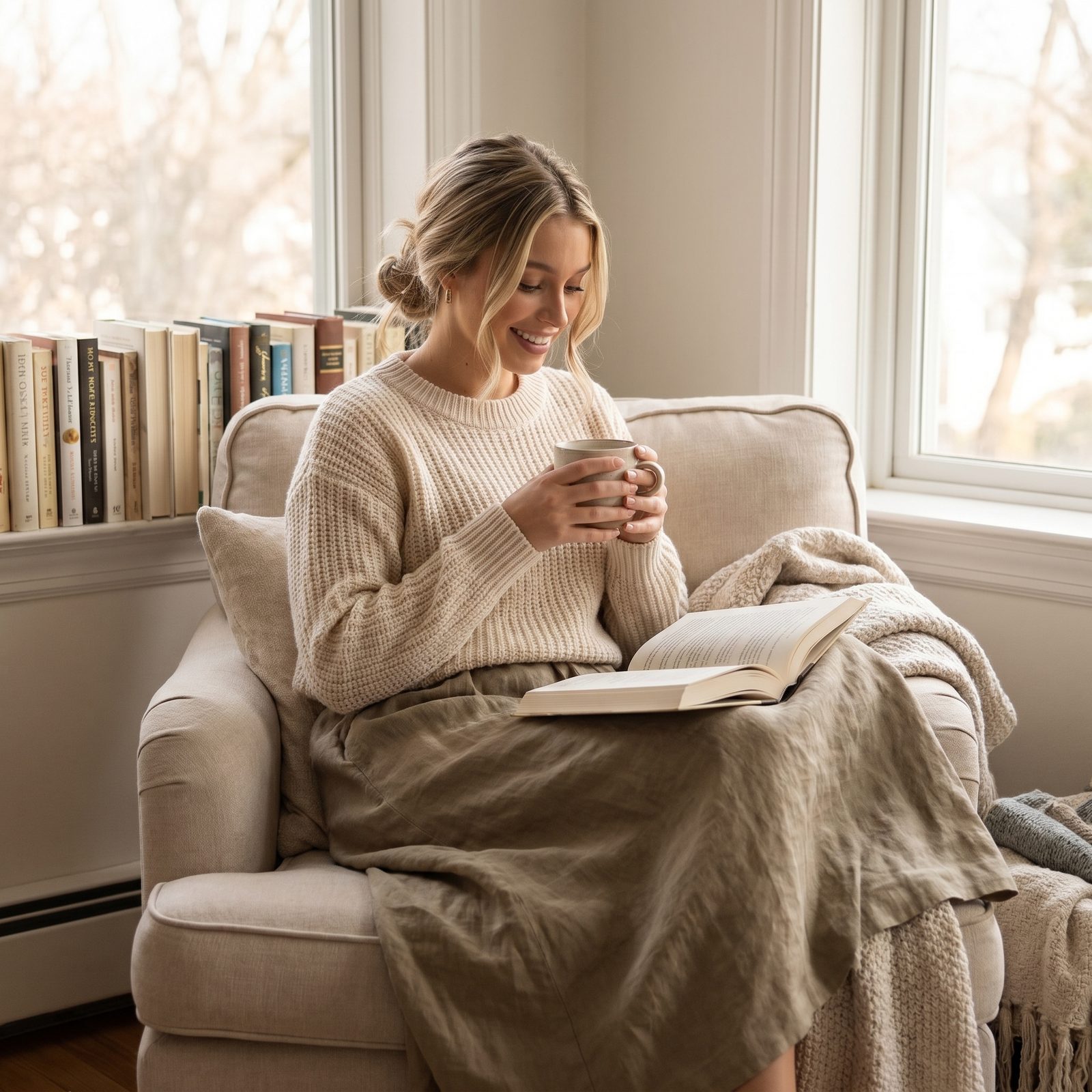 Sophia reading on the sofa under a blanket beside a wall of books