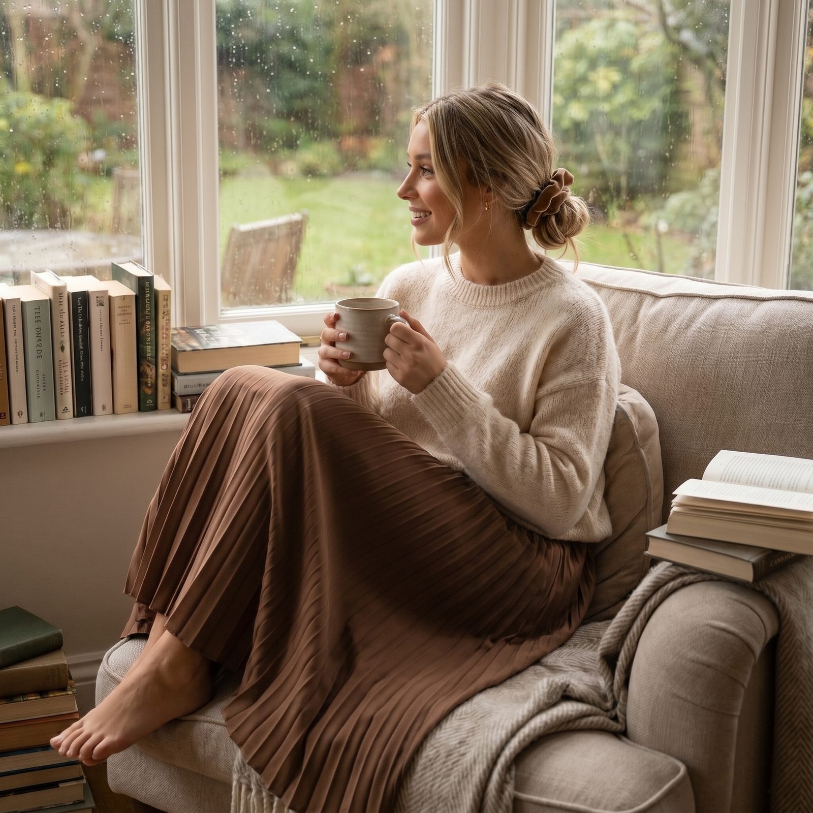 Sophia on the sofa with a warm mug, little stacks of books beside her