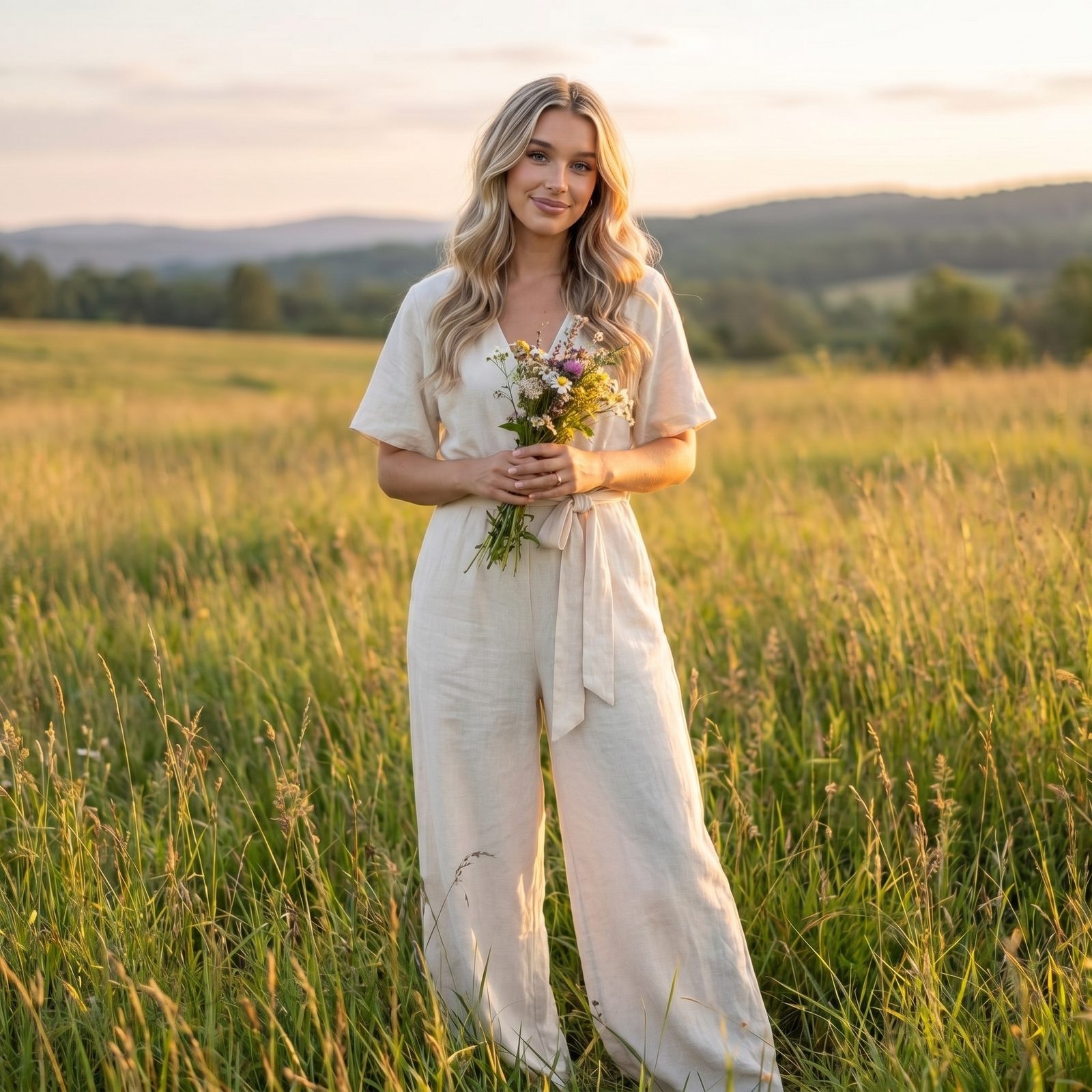 Sophia standing in a hillside meadow at sunset holding a handful of wildflowers