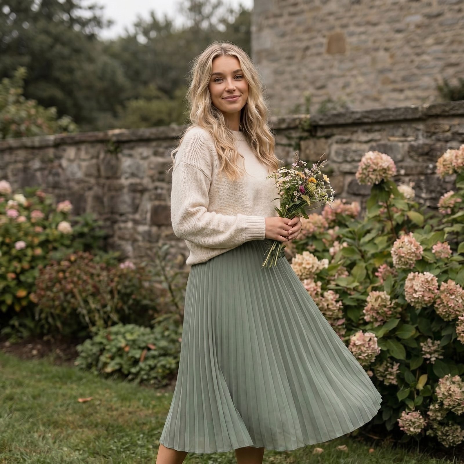 Sophia in a cream jumper and pleated skirt beside a stone wall of hydrangeas