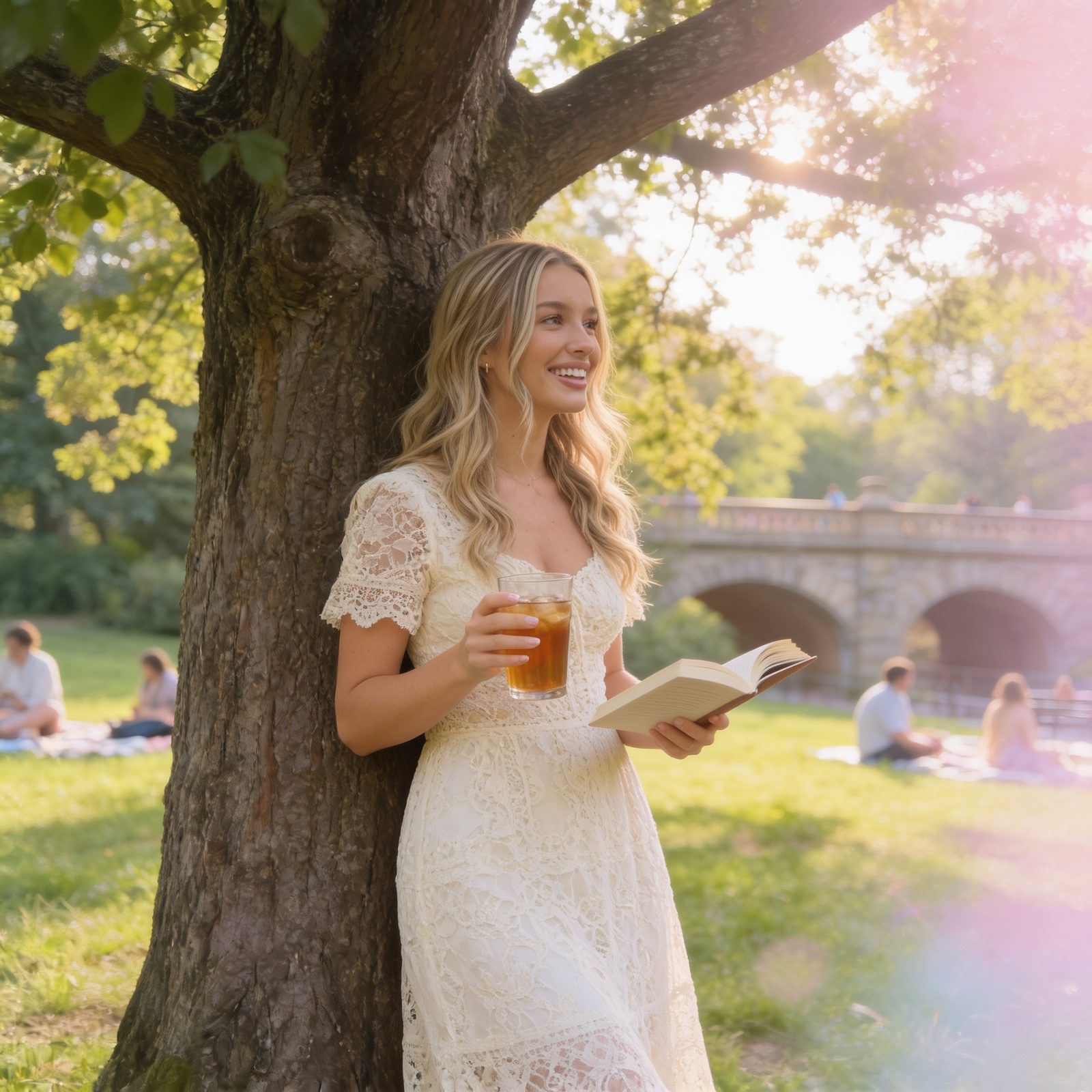 Sophia leaning against a park tree with an iced tea and a paperback
