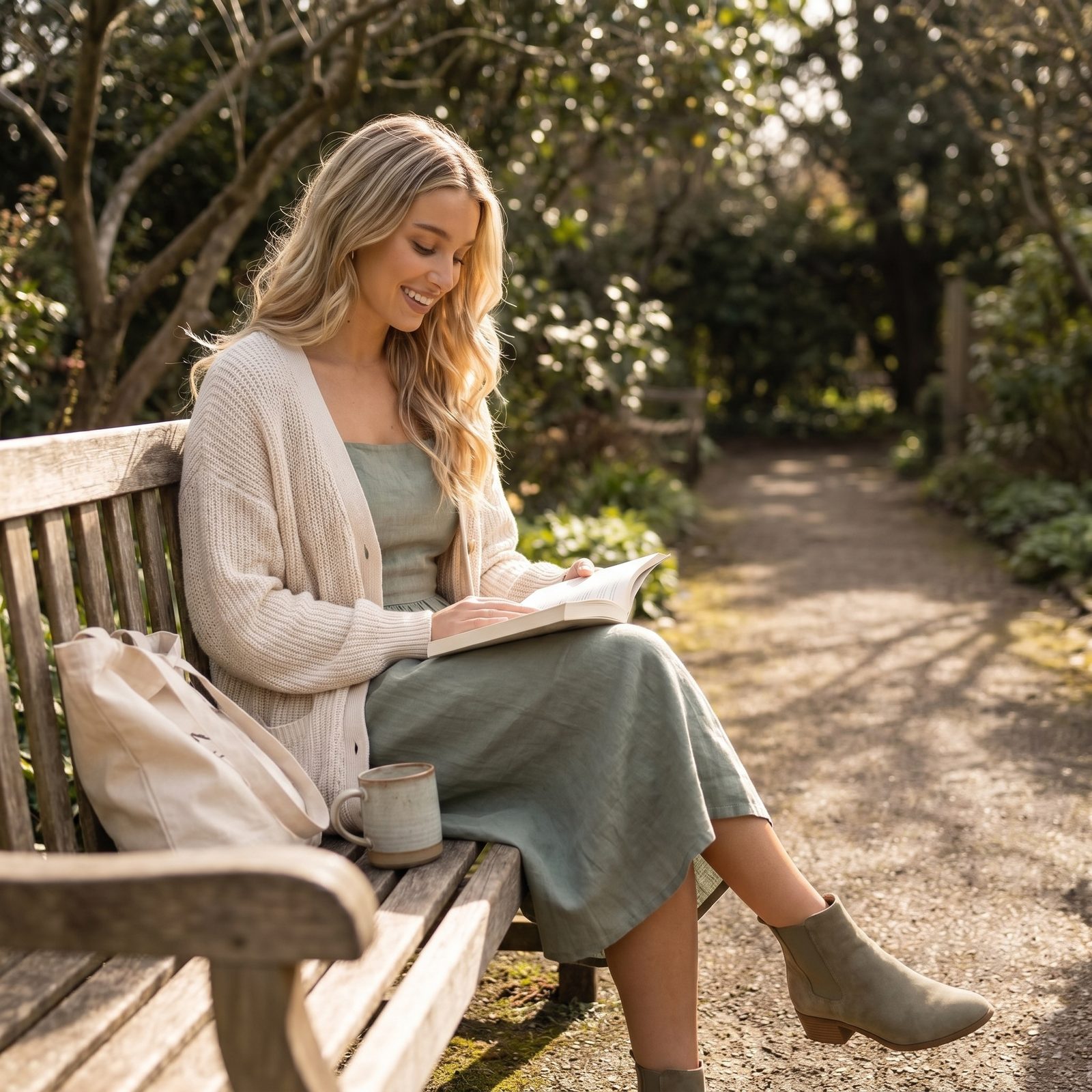 Sophia reading on a garden bench in a long cardigan and boots, bag at her side
