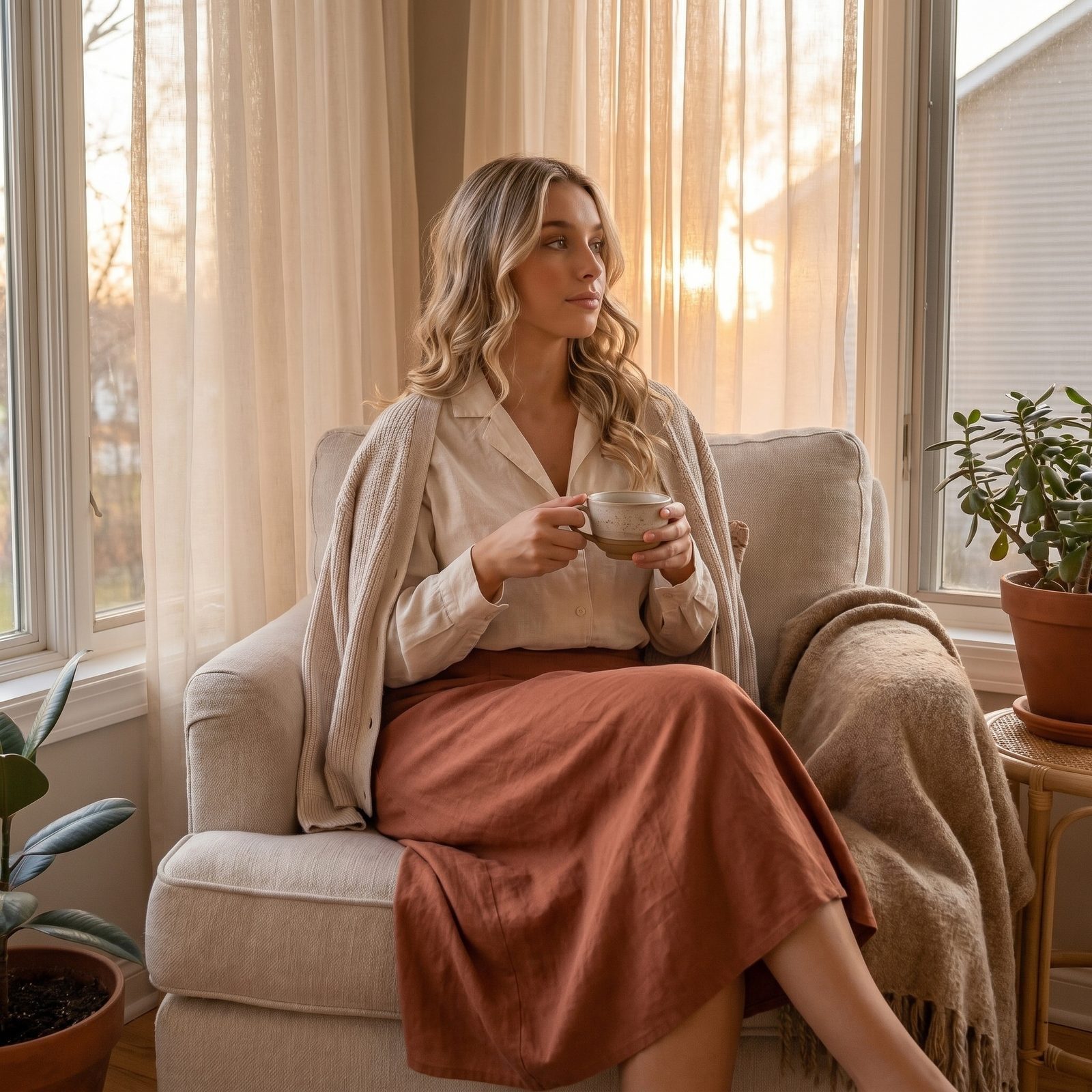 Sophia with her morning coffee in an armchair by the window at sunrise
