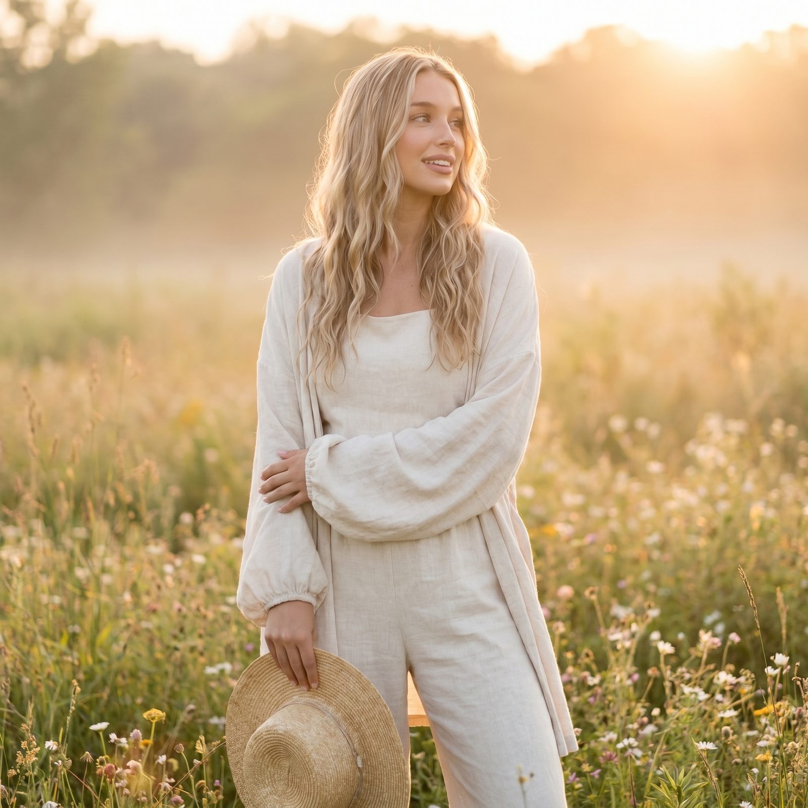 Sophia walking through a misty golden field at sunrise, straw hat in hand