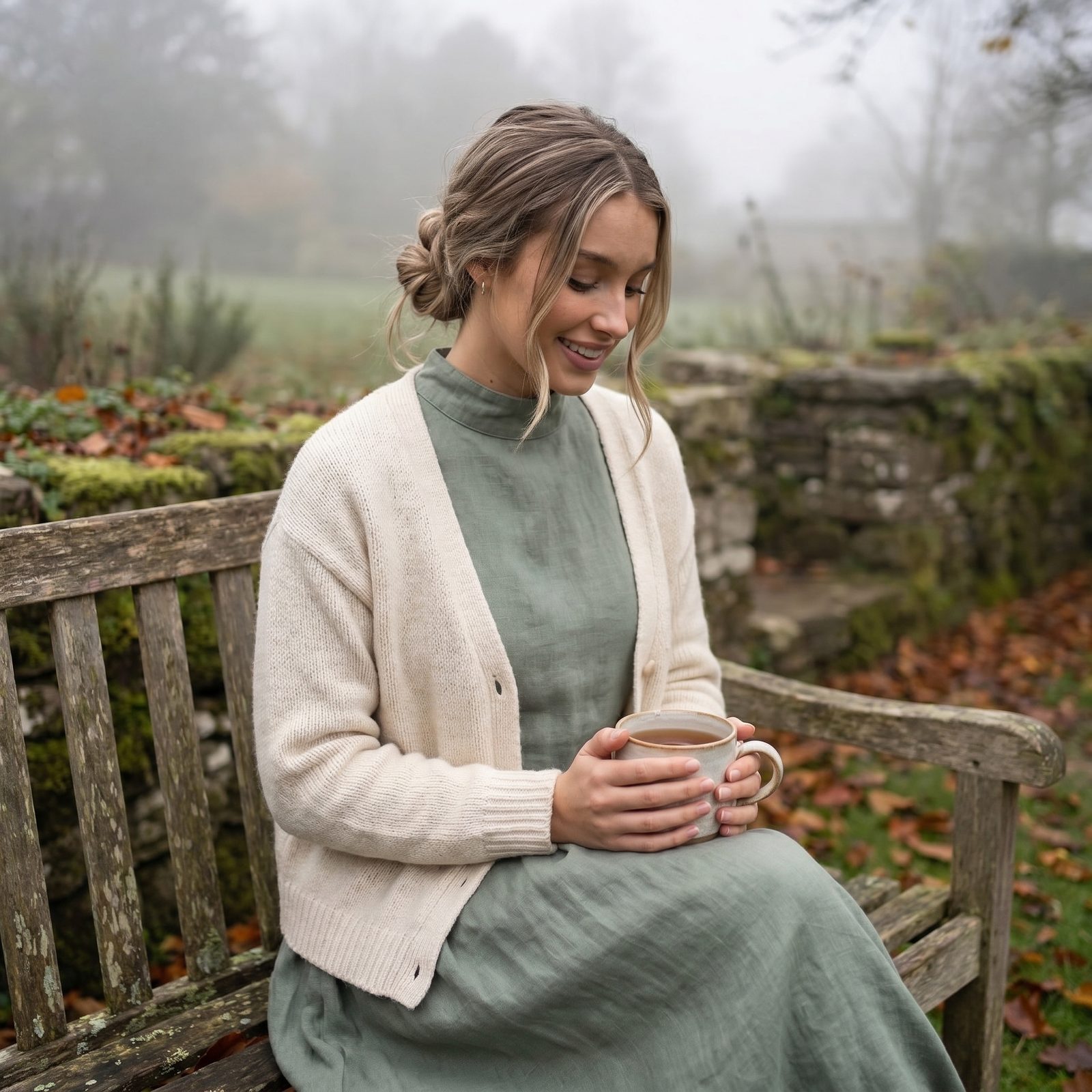 Sophia on a foggy autumn morning warming her hands around a mug on a garden bench
