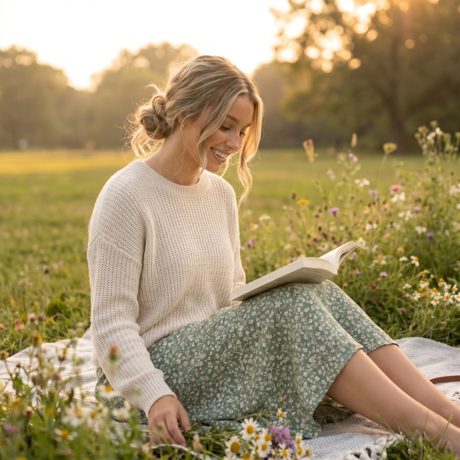 Sophia reading on a picnic blanket in a wildflower meadow