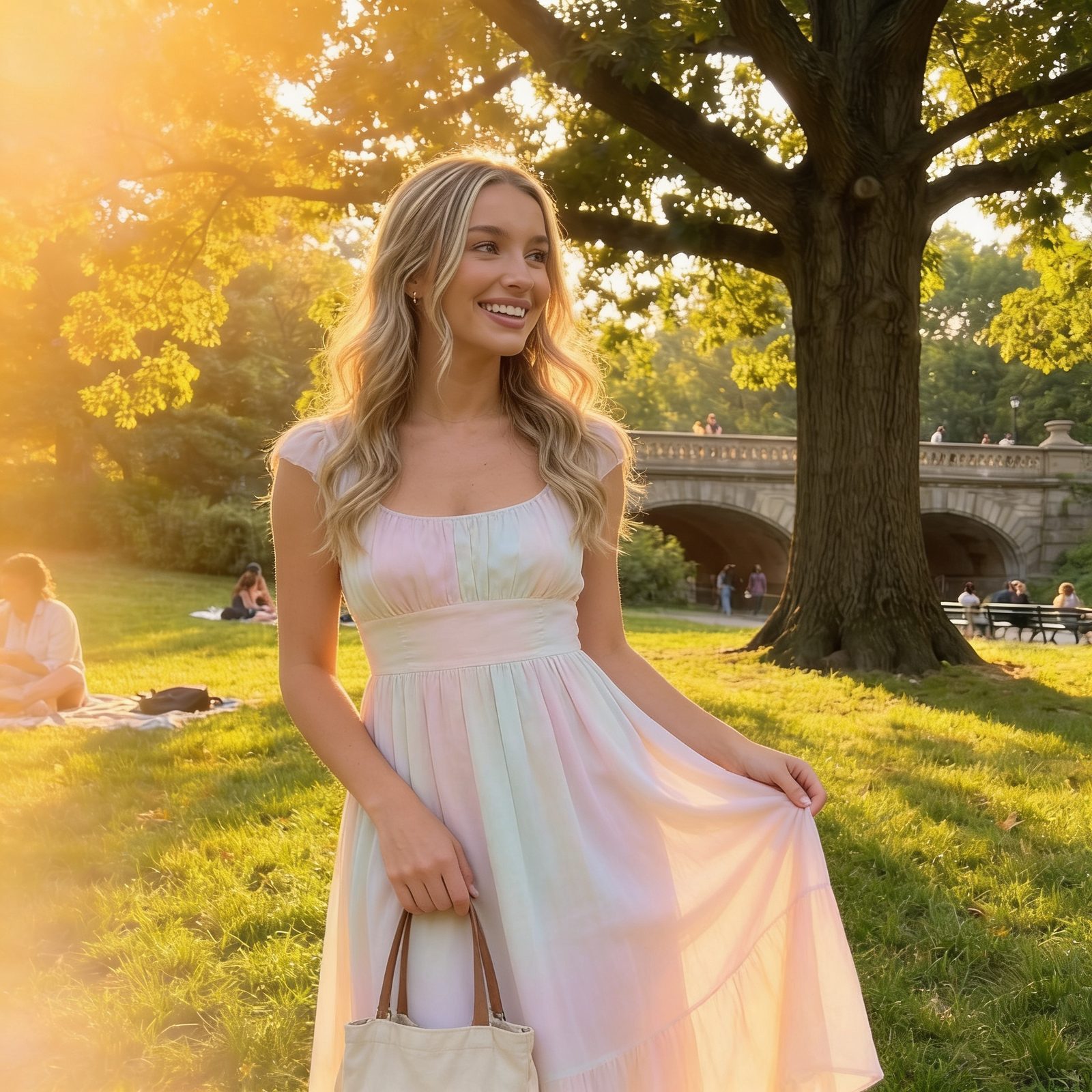 Sophia smiling under a big park tree in late-afternoon light