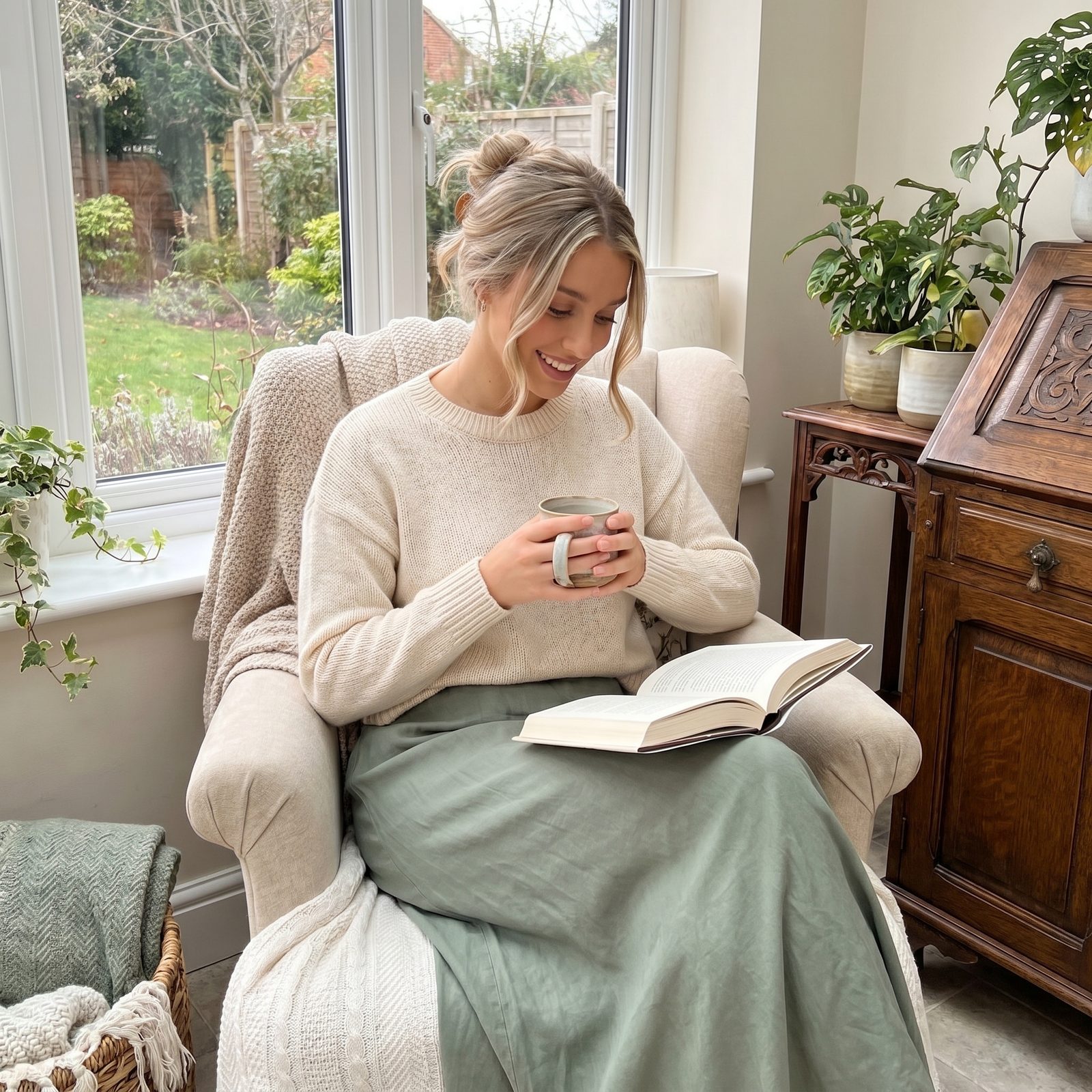 Sophia reading in an armchair with a blanket over her knees and a mug in hand