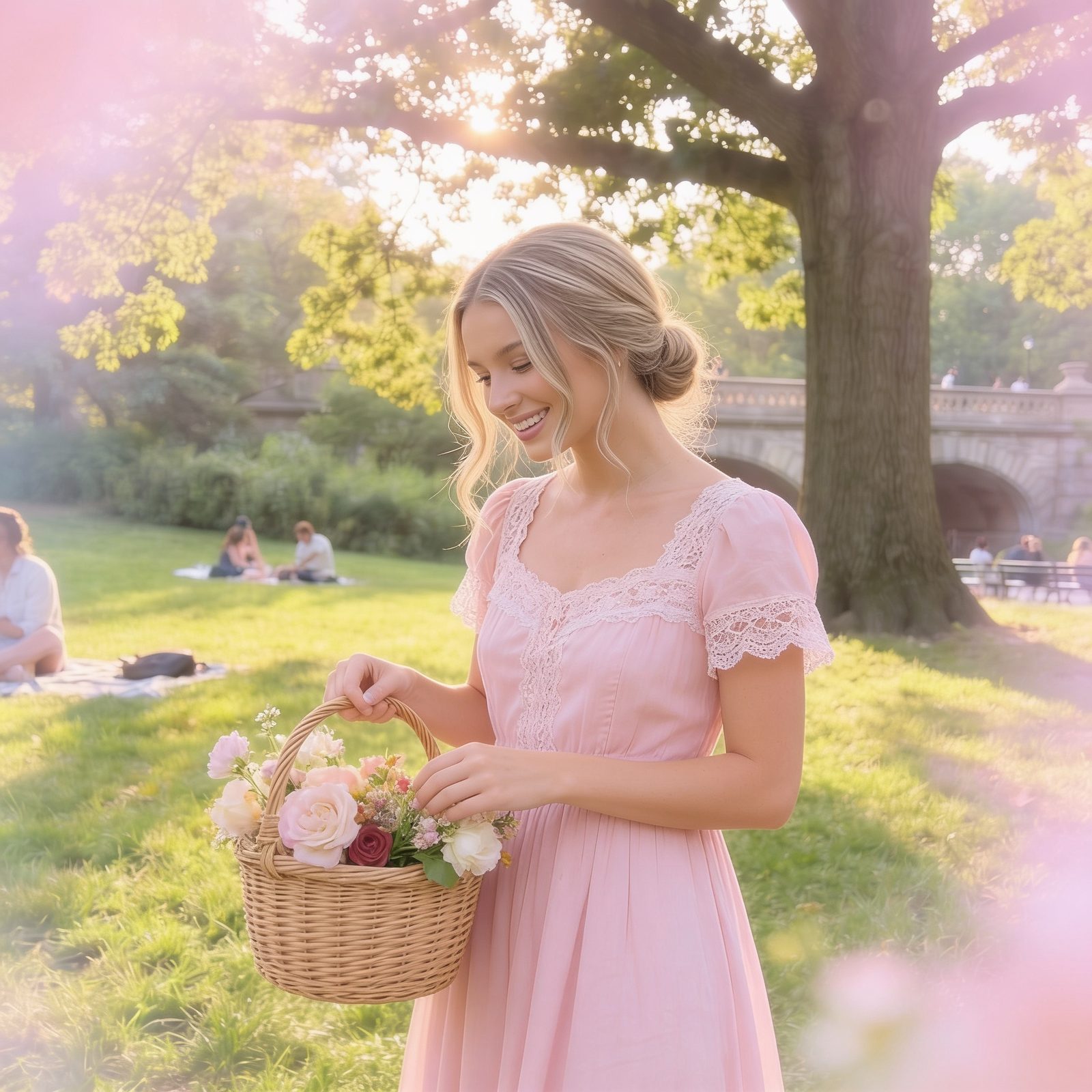 Sophia in a pink dress arranging roses in a basket in the garden