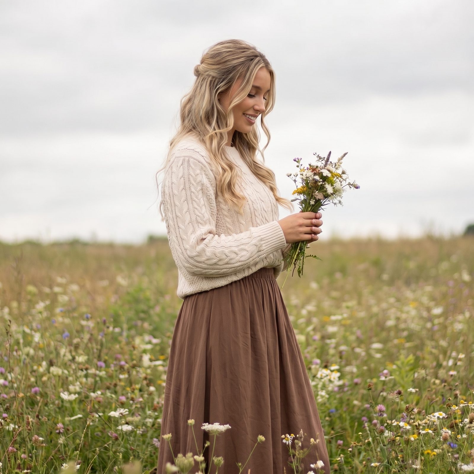 Sophia gathering a small bouquet of wildflowers in a meadow