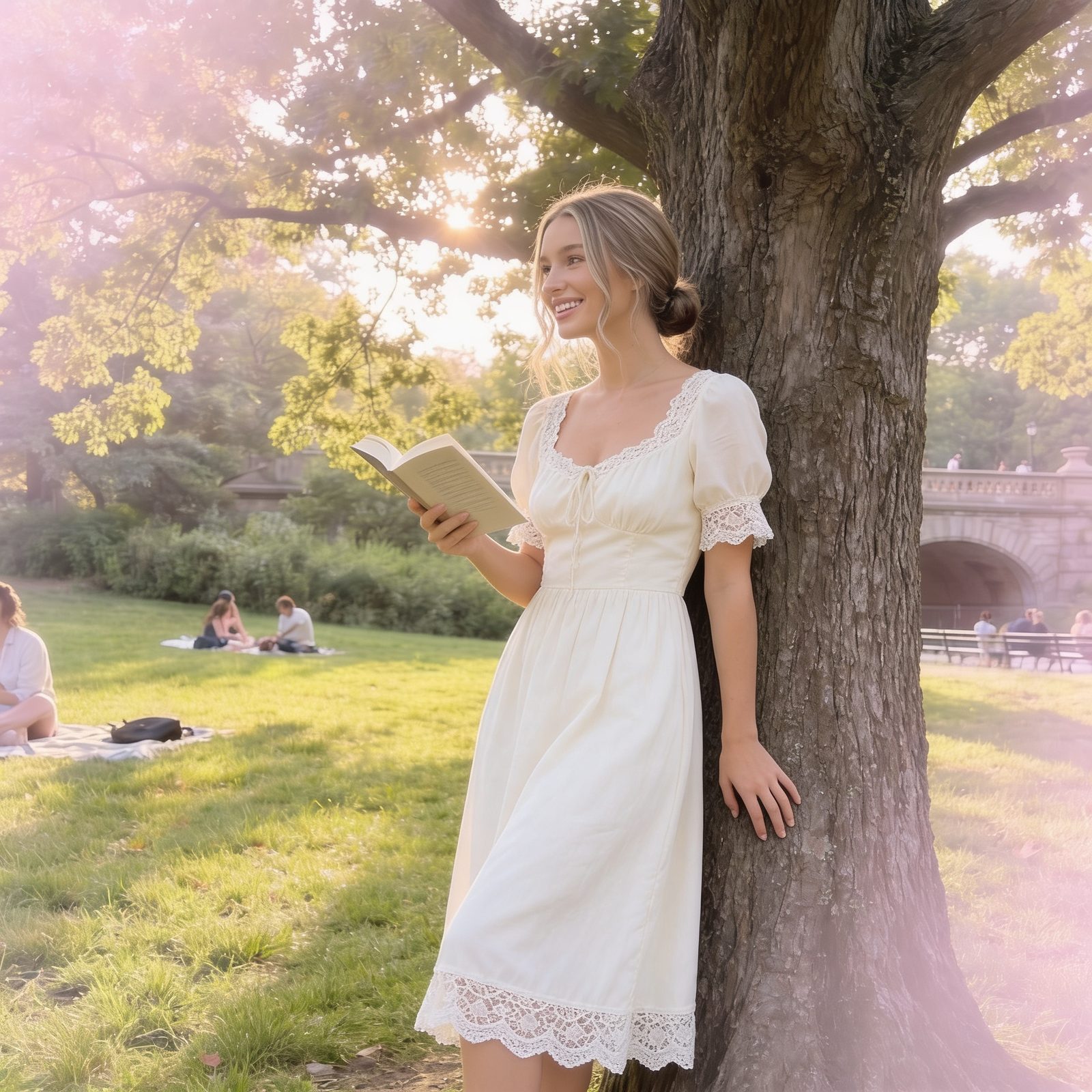 Sophia standing under a park tree with her notebook, planning her next little thing